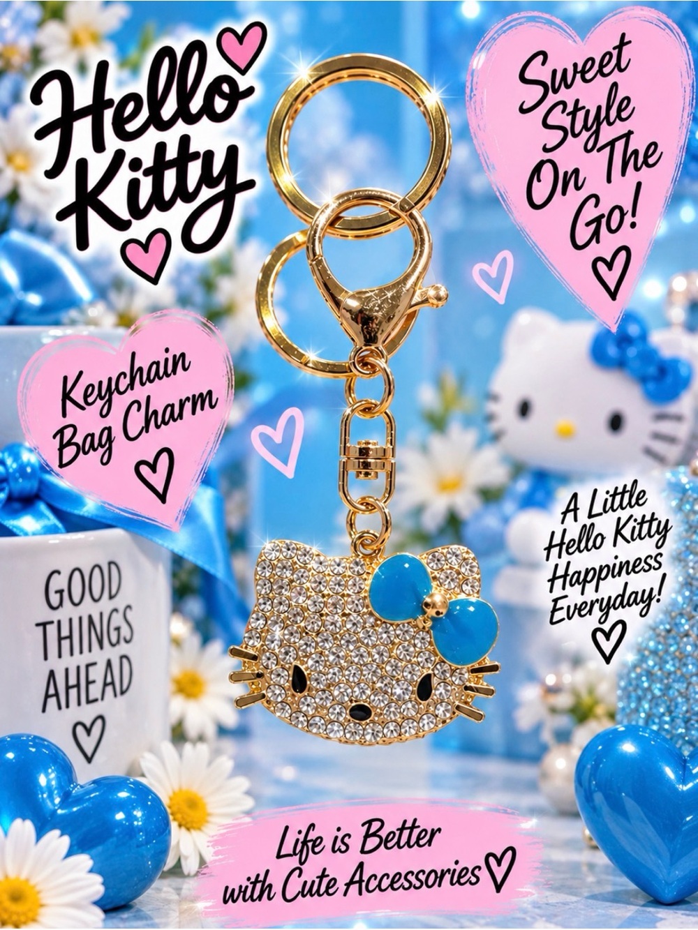 Hello Kitty Gold Rhinestone Keychain Bag Charm - Fashion Keychain - Blue